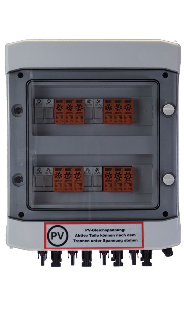 SOLAR GENERATOR-ANSCHLUSSKASTEN / DC 4-STRING / Inkl. Sicherungstrennschalter / T1+T2 / T2 / MC 4-Steckvariante / ÜBERSPANNUNGSSCHUTZ