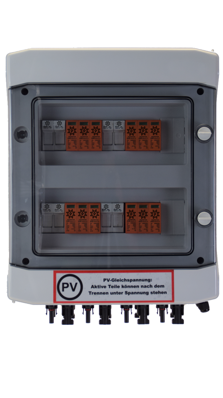 SOLAR GENERATOR-ANSCHLUSSKASTEN / DC 4-STRING / Inkl. Vorsicherung / T1+T2 / T2 / MC 4-Steckvariante / ÜBERSPANNUNGSSCHUTZ