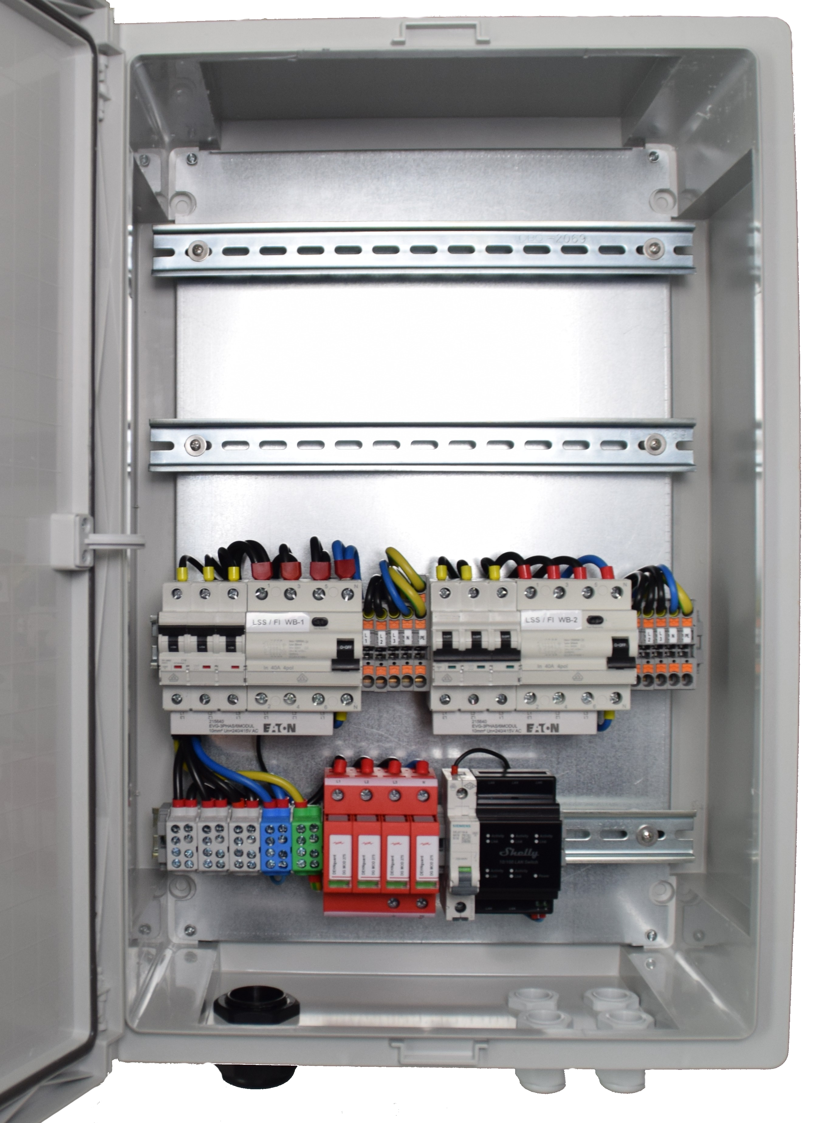 Anschlussverteiler für bis zu sechs 22 KW Wallboxen / optional mit FI Typ B -Allstromsensitiv- / DEHN Überspannungsschutz