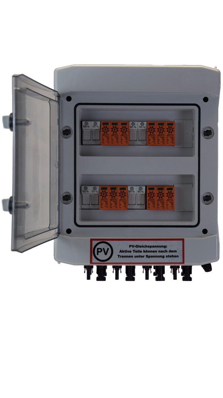 SOLAR GENERATOR-ANSCHLUSSKASTEN / DC 4-STRING / Inkl. Vorsicherung / T1+T2 / T2 / MC 4-Steckvariante / ÜBERSPANNUNGSSCHUTZ