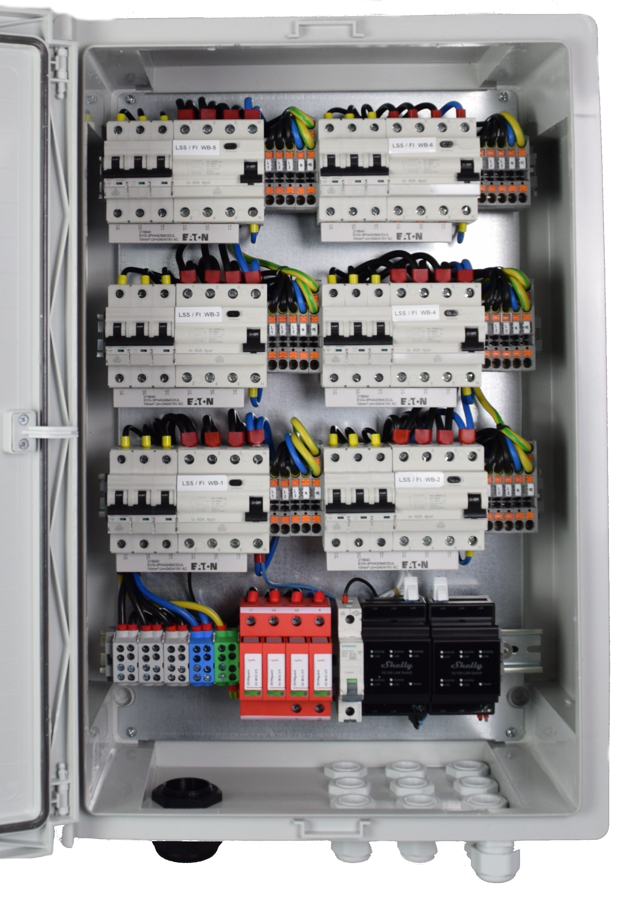 Anschlussverteiler für bis zu sechs 22 KW Wallboxen / optional mit FI Typ B -Allstromsensitiv- / DEHN Überspannungsschutz