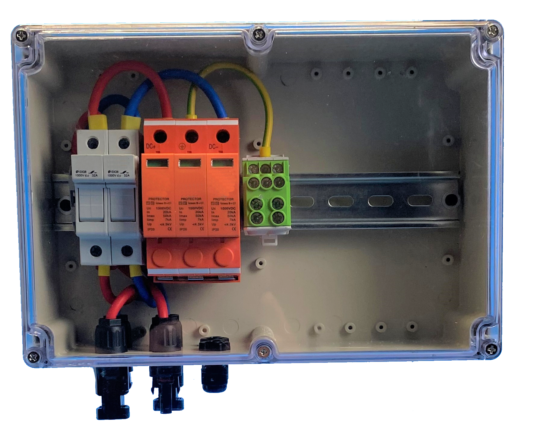 SOLAR GENERATOR-ANSCHLUSSKASTEN / DC 1-STRING / Inkl. Sicherungstrennschalter / T1+T2 / T2 / MC 4-Steckvariante / ÜBERSPANNUNGSSCHUTZ