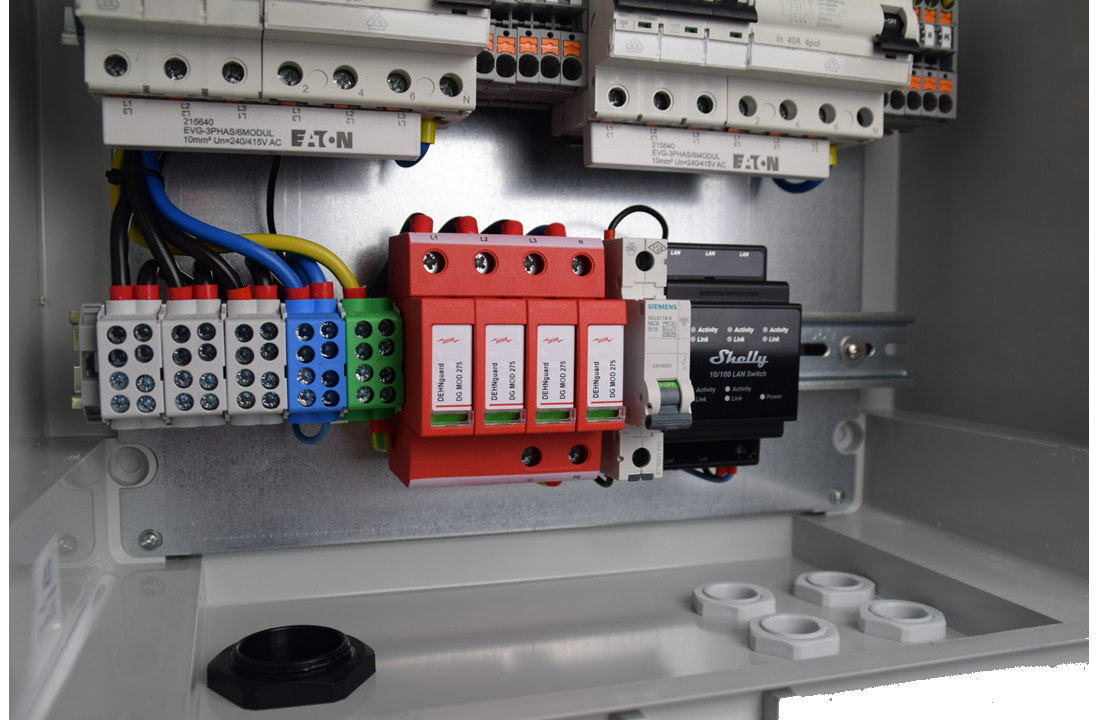 Anschlussverteiler für bis zu sechs 22 KW Wallboxen / optional mit FI Typ B -Allstromsensitiv- / DEHN Überspannungsschutz