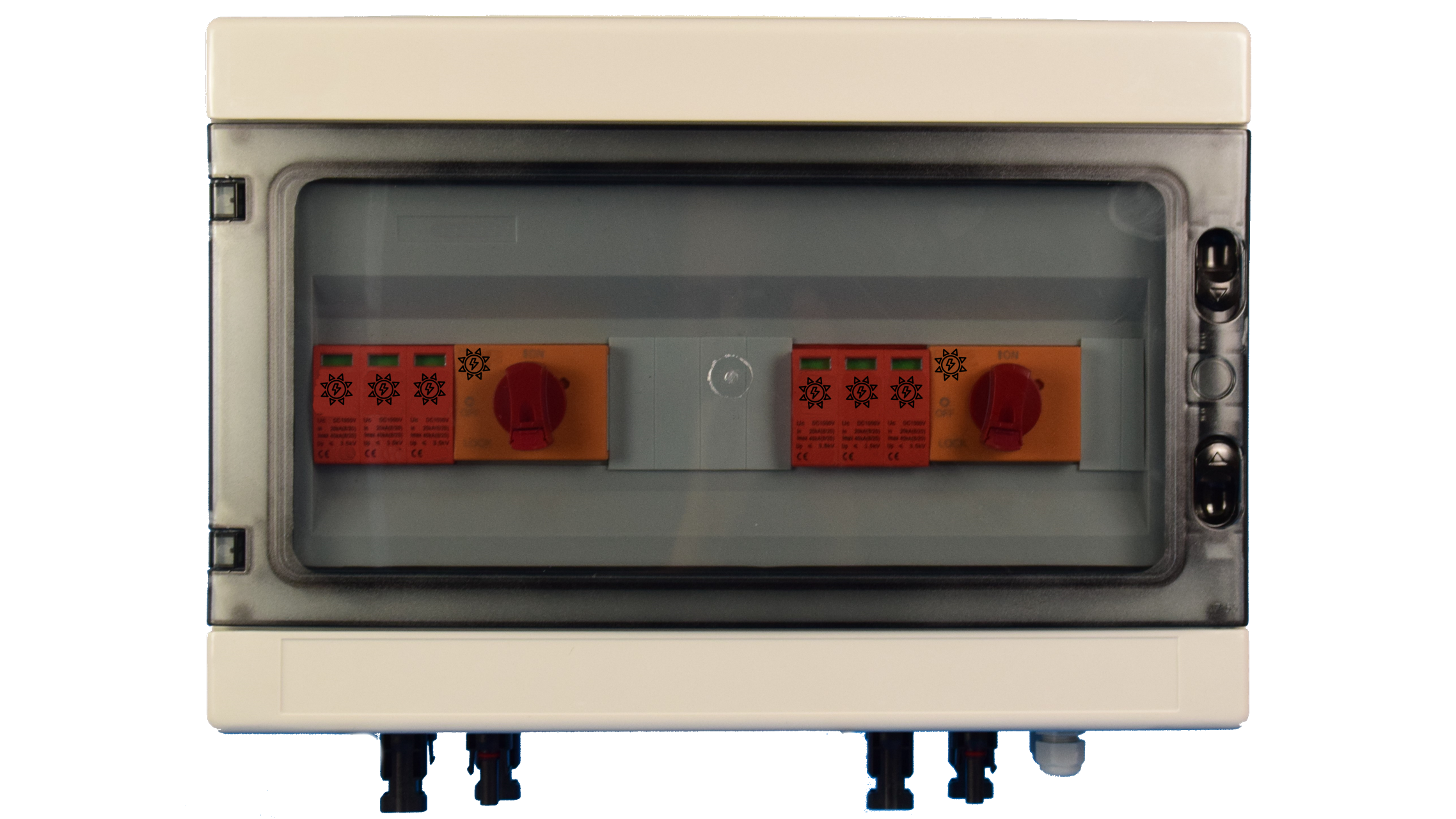 SOLAR GENERATOR-ANSCHLUSSKASTEN /  DC 2-STRING / T1+T2 / T2 / MC 4-Steckvariante / DC-Trennschalter / 2x MPP Überspannungsschutz