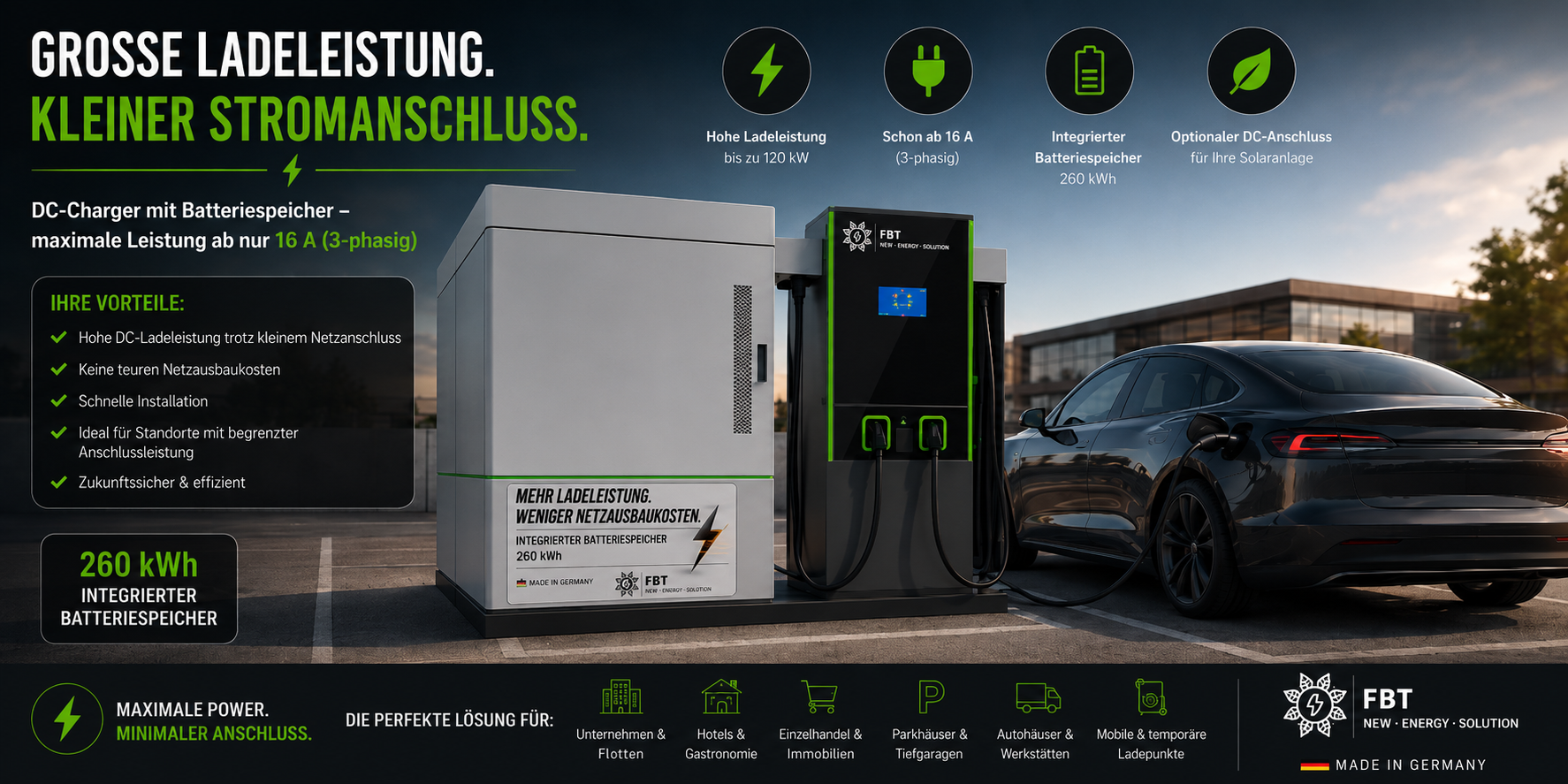 DC-Ladegerät mit Batteriespeicher 120 KW / Akkuspeicher 260 KWH / Schnellladegerät / Eichrechtskonform
