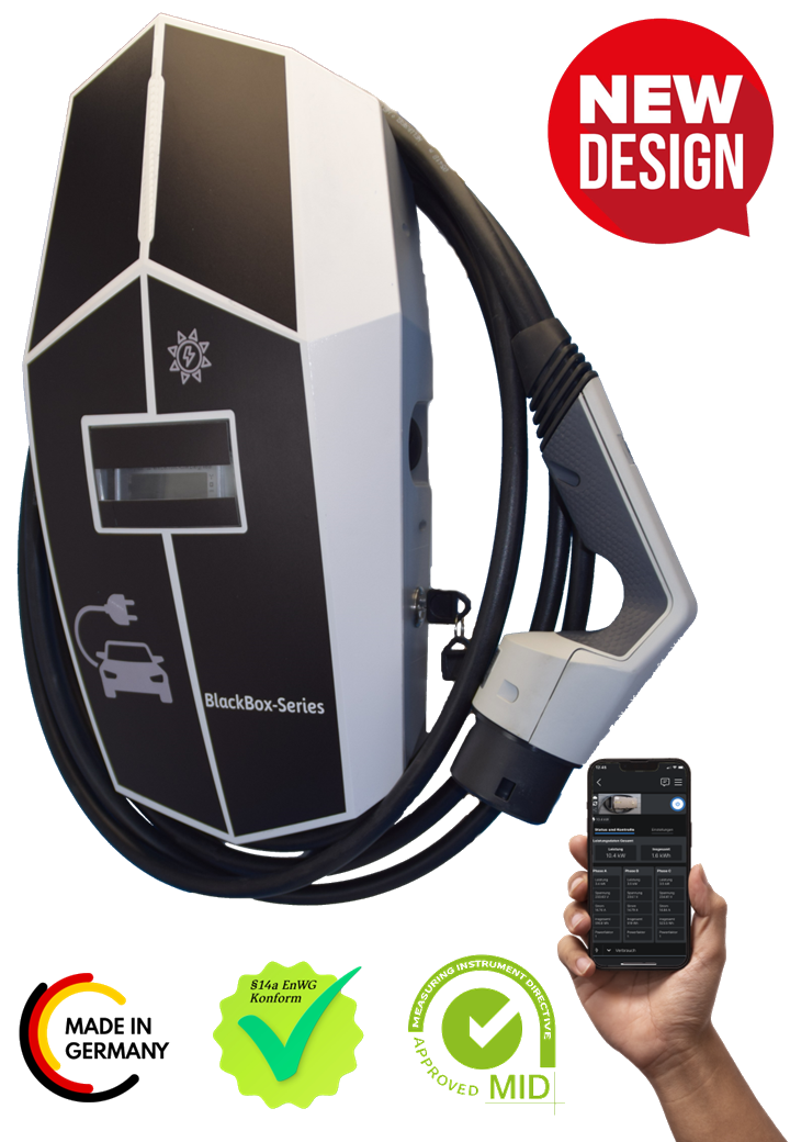 Ladestation / Wallbox 11 KW / BLACKBOX-SINGEL / Typ 2 / Mode 3 / 6mA DC Schutz / Lastmanagement / Schukosteckdose / MID-Geeichter Stromzähler / APP - Smartsteuerung / §14a EnWG Konform