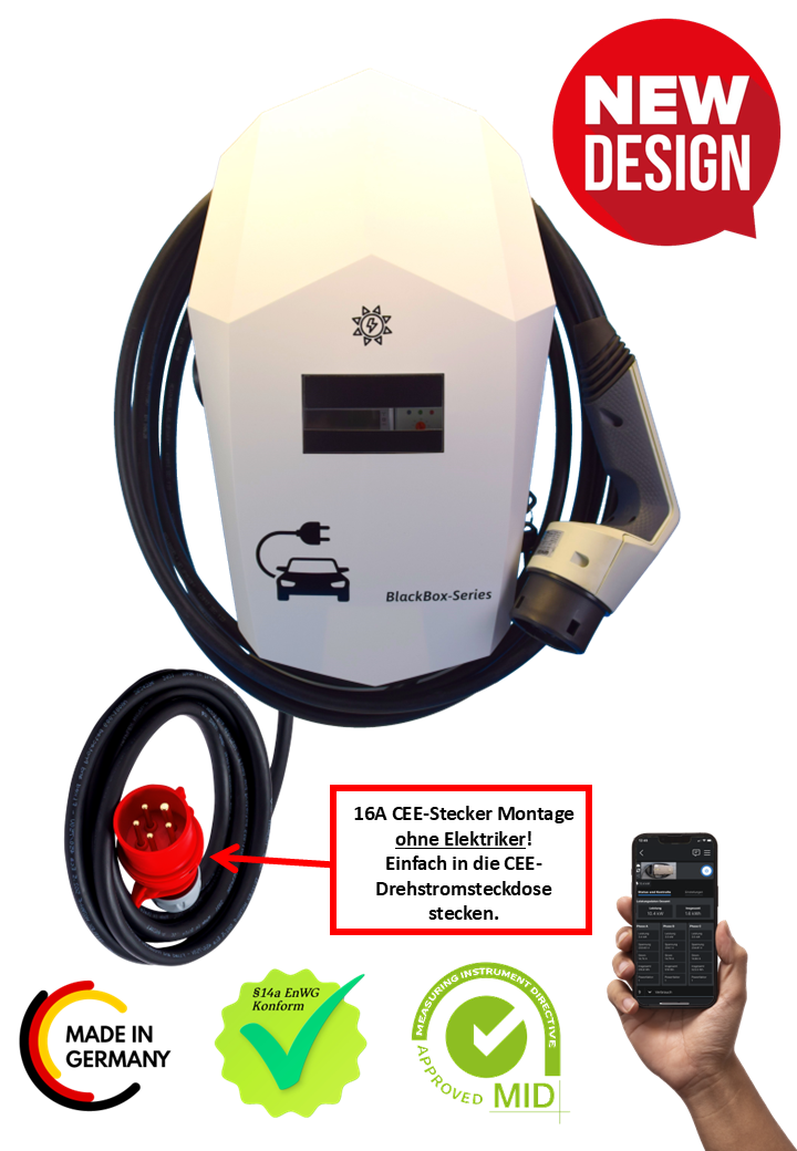 Ladestation / Wallbox 11 KW / BLACKBOX-SINGLE / WHITE-EDITION / PLUG & PLAY / Typ 2 / Mode 3 / 6mA DC Schutz / Lastmanagement / Schukosteckdose / MID-Geeichter Stromzähler / APP - Smartsteuerung / §14a EnWG Konform