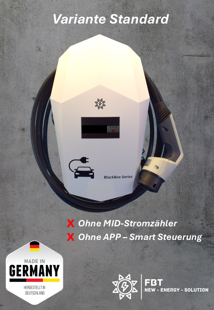 Ladestation / Wallbox 11 KW / BLACKBOX-SINGLE / WHITE-EDITION / PLUG & PLAY / Typ 2 / Mode 3 / 6mA DC Schutz / Lastmanagement / Schukosteckdose / MID-Geeichter Stromzähler / APP - Smartsteuerung / §14a EnWG Konform