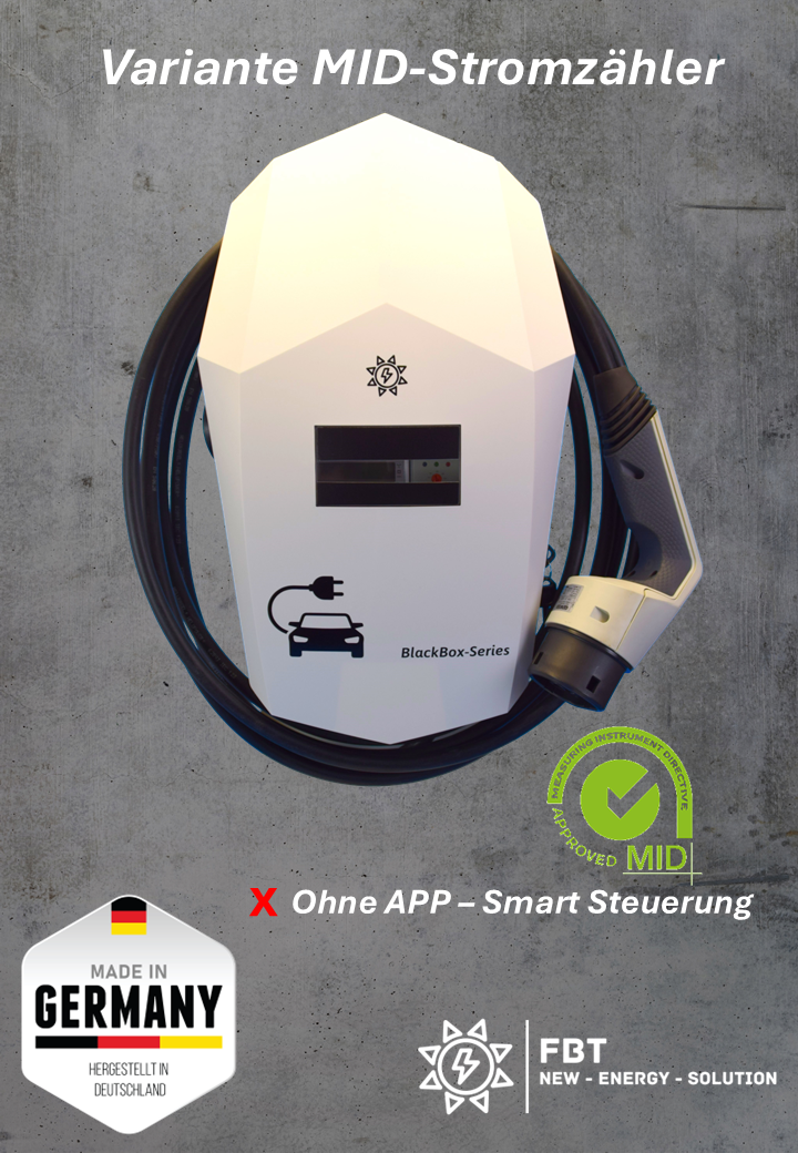 Ladestation / Wallbox 11 KW / BLACKBOX-SINGLE / WHITE-EDITION / PLUG & PLAY / Typ 2 / Mode 3 / 6mA DC Schutz / Lastmanagement / Schukosteckdose / MID-Geeichter Stromzähler / APP - Smartsteuerung / §14a EnWG Konform