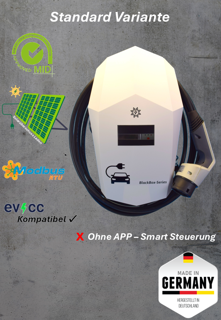 Ladestation / Wallbox 22 KW / BLACKBOX-PRO / WHITE-EDITION / Typ 2 / MODBUS / Solarüberschuss Laden / EVCC.IO-Kompatibel / Lastmanagement / Schukosteckdose / MID-Geeichter Stromzähler / APP - Smartsteuerung / §14a EnWG Konform