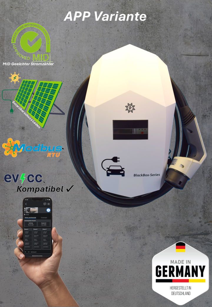 Ladestation / Wallbox 11 KW / BLACKBOX-PRO / WHITE-EDITION / Typ 2 / MODBUS / Solarüberschuss Laden / EVCC.IO-Kompatibel / Lastmanagement / Schukosteckdose / MID-Geeichter Stromzähler / APP - Smartsteuerung / §14a EnWG Konform