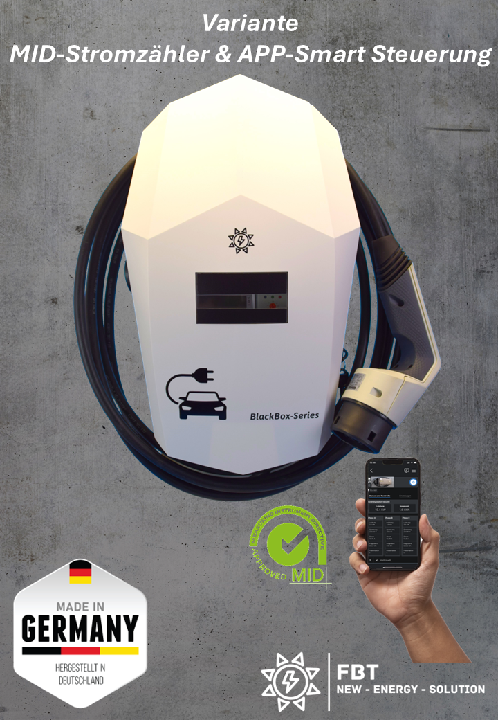 Ladestation / Wallbox 11 KW / BLACKBOX-SINGLE / WHITE-EDITION / PLUG & PLAY / Typ 2 / Mode 3 / 6mA DC Schutz / Lastmanagement / Schukosteckdose / MID-Geeichter Stromzähler / APP - Smartsteuerung / §14a EnWG Konform