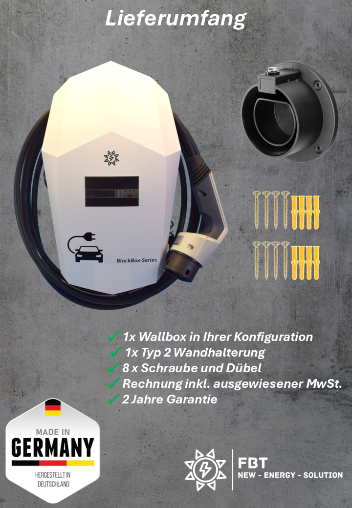 Ladestation / Wallbox 11 KW / BLACKBOX-SINGLE / WHITE-EDITION / PLUG & PLAY / Typ 2 / Mode 3 / 6mA DC Schutz / Lastmanagement / Schukosteckdose / MID-Geeichter Stromzähler / APP - Smartsteuerung / §14a EnWG Konform