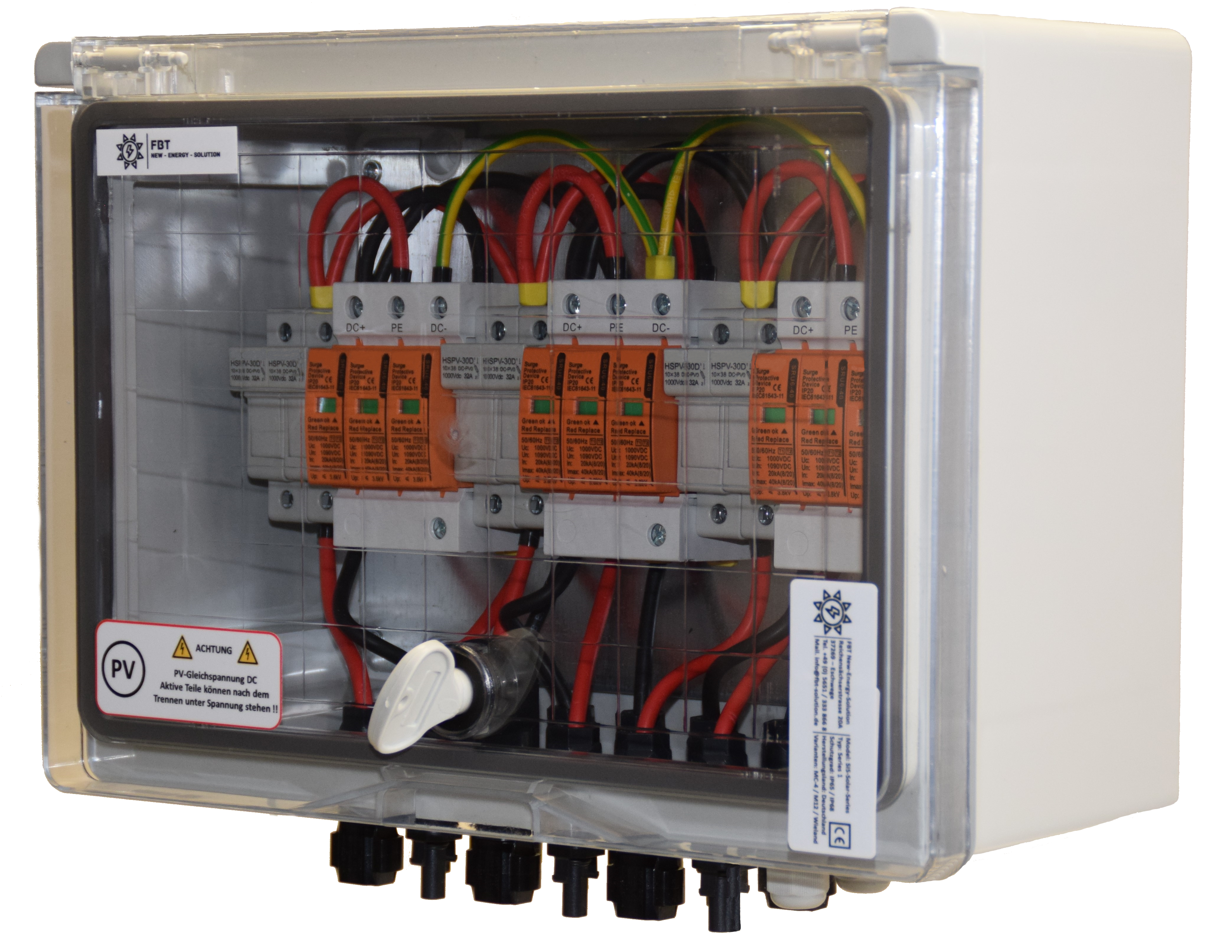 SOLAR GENERATOR-ANSCHLUSSKASTEN / DC 3-STRING / Inkl. Vorsicherung / T1+T2 / T2 / MC 4-Steckvariante / ÜBERSPANNUNGSSCHUTZ