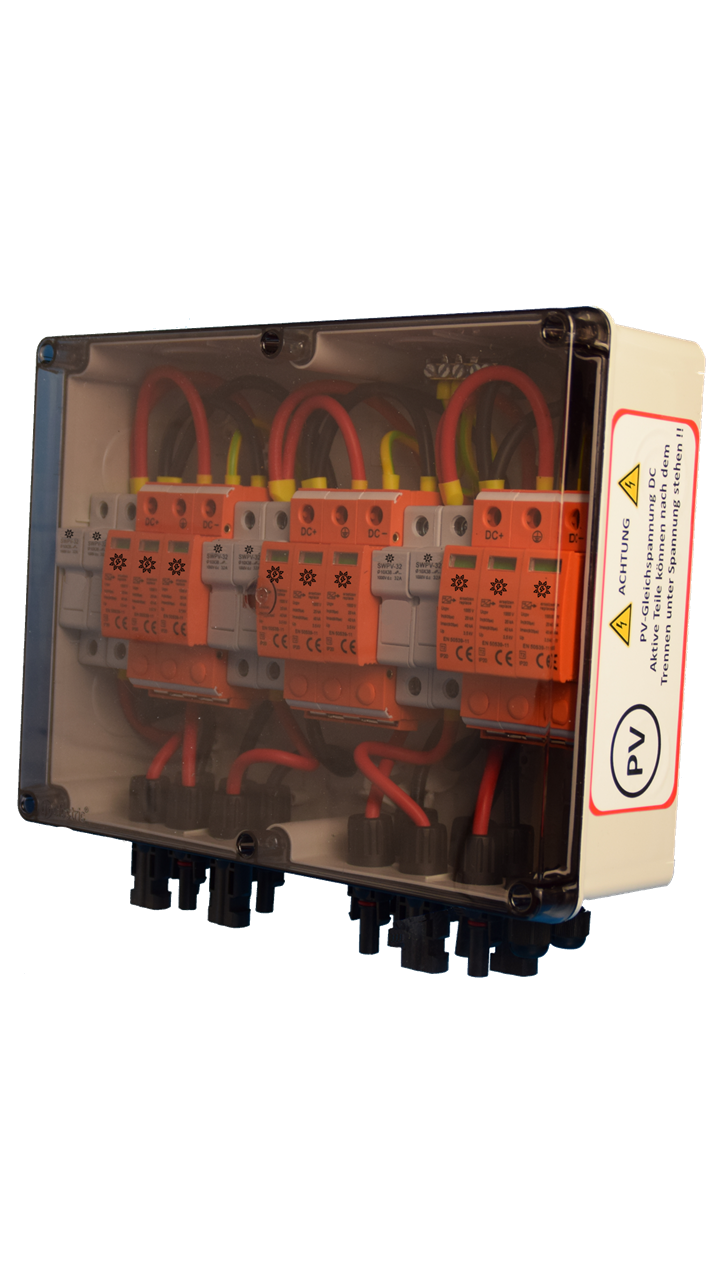 SOLAR GENERATOR CONNECTION BOX / DC 3-STRING / Incl. fuse disconnector / T1+T2 / T2 / MC 4-plug variant / SURGE PROTECTION