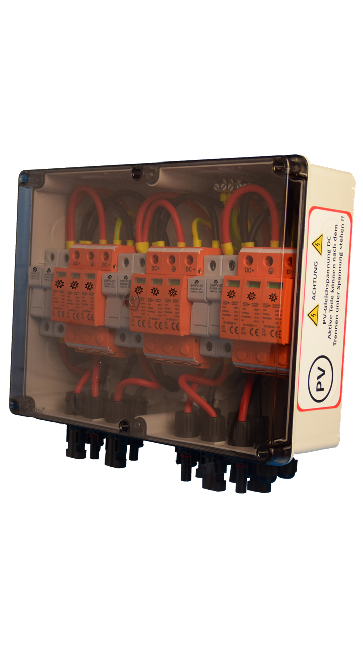 SOLAR GENERATOR-ANSCHLUSSKASTEN / DC 3-STRING / Inkl. Vorsicherung / T1+T2 / T2 / MC 4-Steckvariante / ÜBERSPANNUNGSSCHUTZ