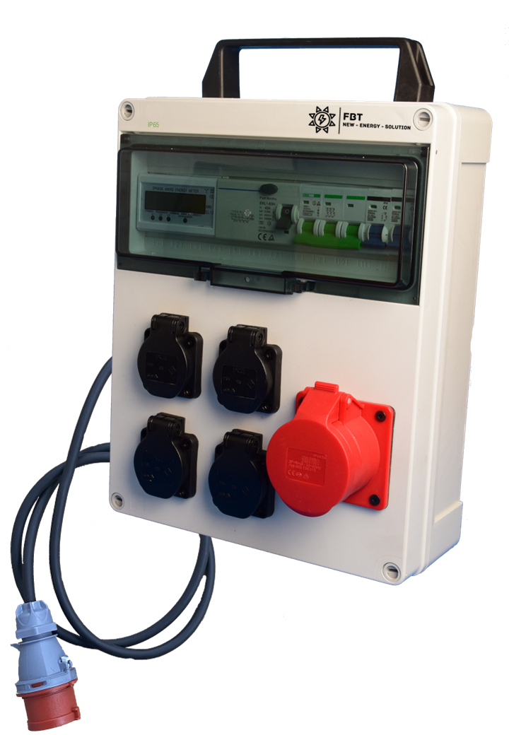 Power distributor / construction power distributor / 1x 16A CEE / 4x Schuko socket / incl. meter and FI circuit breaker type A / PLUG &amp; PLAY