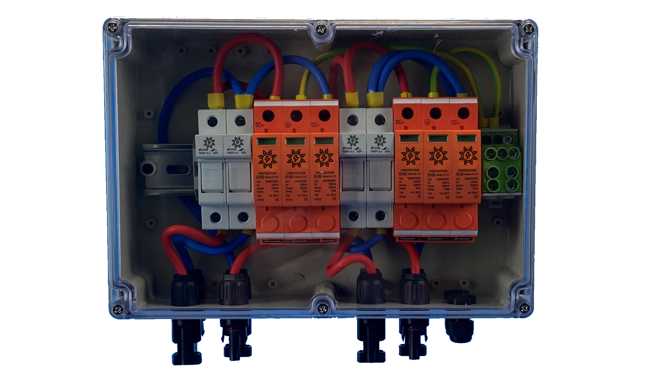 SOLAR GENERATOR CONNECTION BOX / DC 2-STRING / T1+T2 / T2 / MC 4-plug variant / fuse disconnector / SURGE PROTECTION