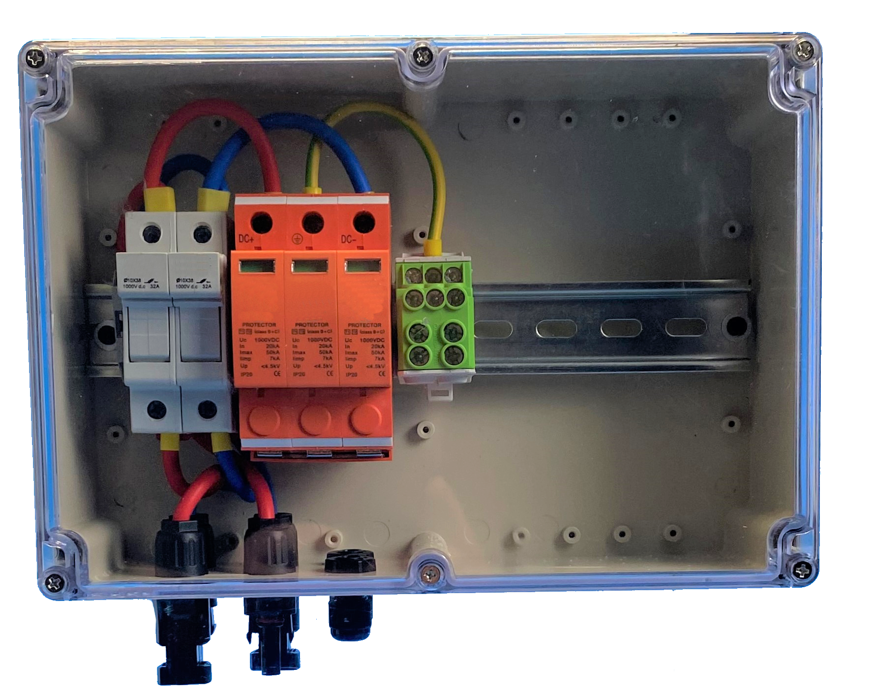SOLAR GENERATOR CONNECTION BOX / DC 1-STRING / Incl. fuse disconnector / T1+T2 / T2 / MC 4-plug variant / SURGE PROTECTION