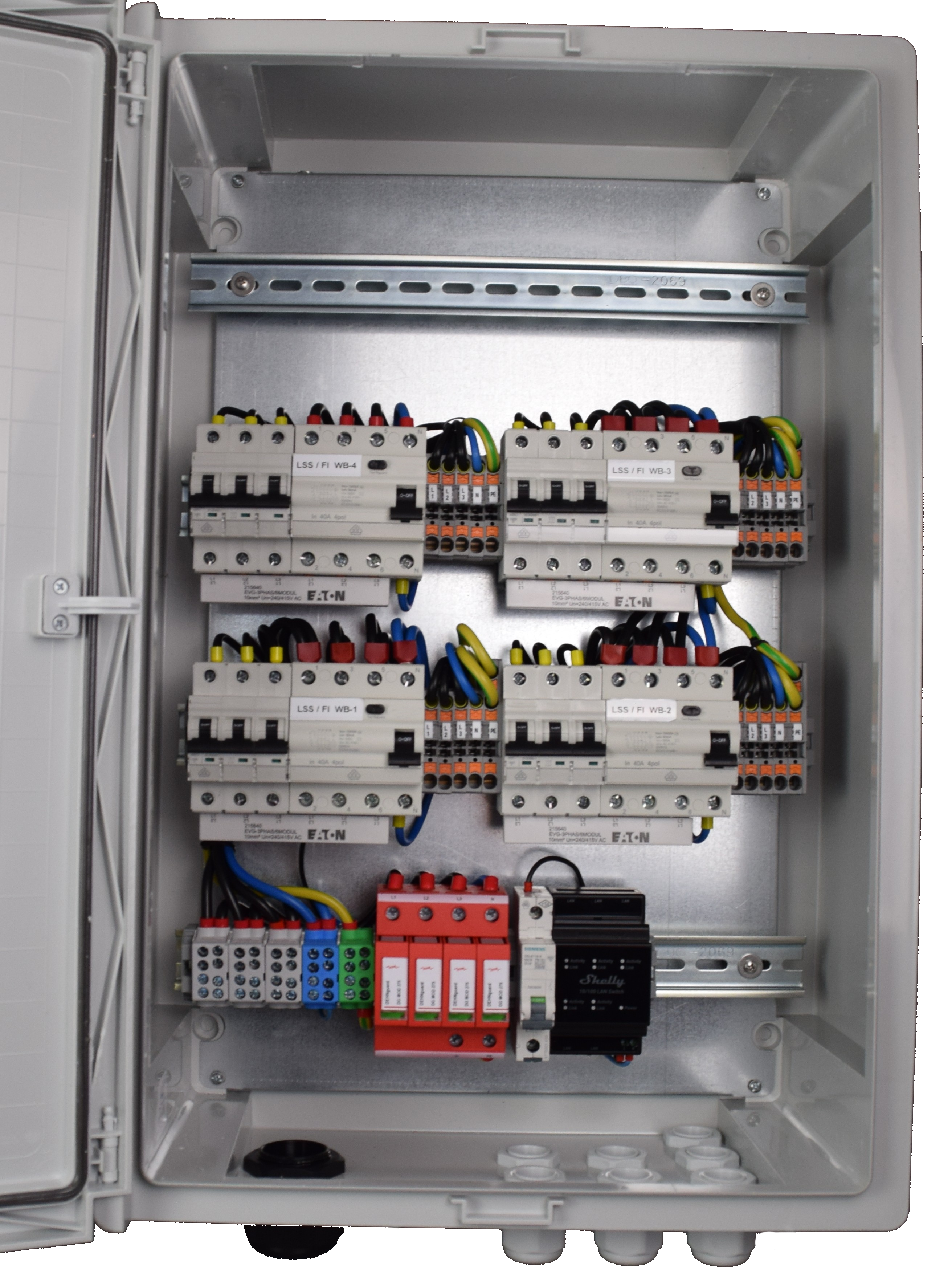 Anschlussverteiler für bis zu sechs  22 KW Wallboxen / optional mit FI Typ B -Allstromsensitiv- / DEHN Überspannungsschutz