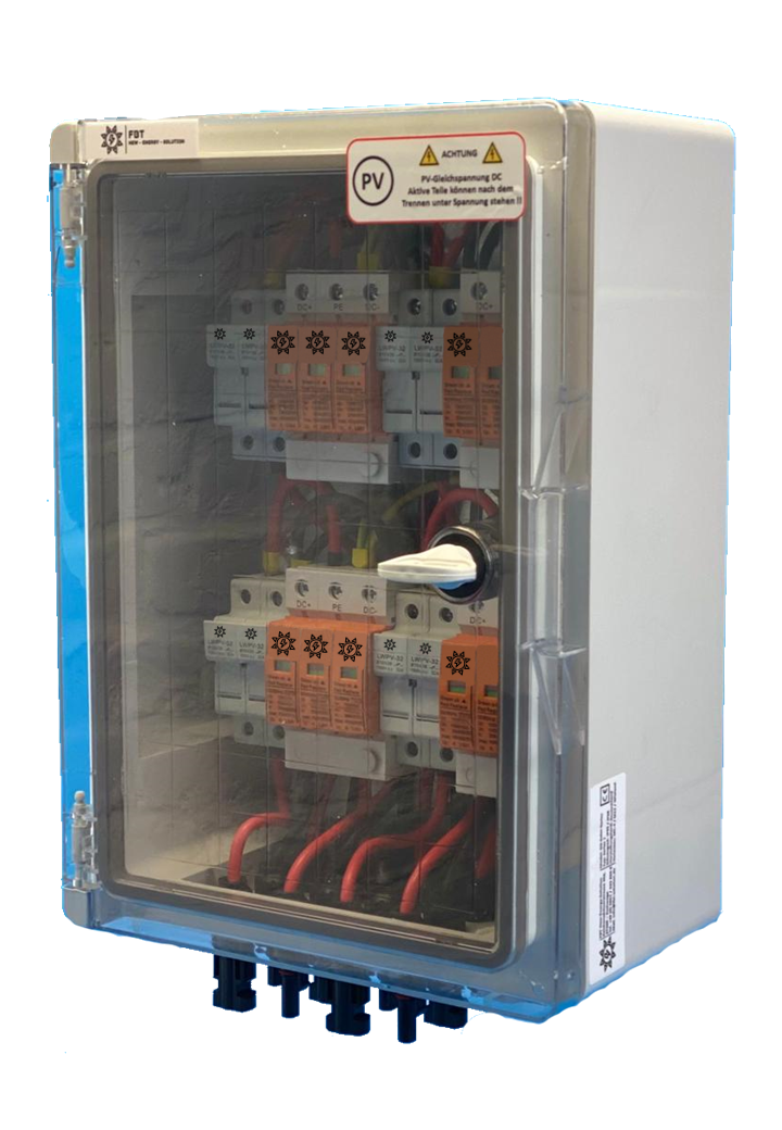 SOLAR GENERATOR-ANSCHLUSSKASTEN / DC 4-STRING / Inkl. Vorsicherung / T1+T2 / T2 / MC 4-Steckvariante / ÜBERSPANNUNGSSCHUTZ