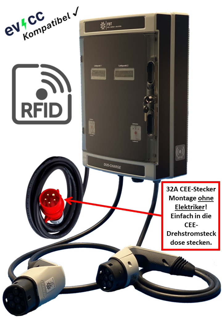 Wallbox / Ladestation 11 kW / 2 Ladepunkte / DUO-CHARGE-PLUG & PLAY-11kW / Statisches Lastmanagement / MODBUS / RJ45 / Solarüberschuss / MID-Geeichte Zähler