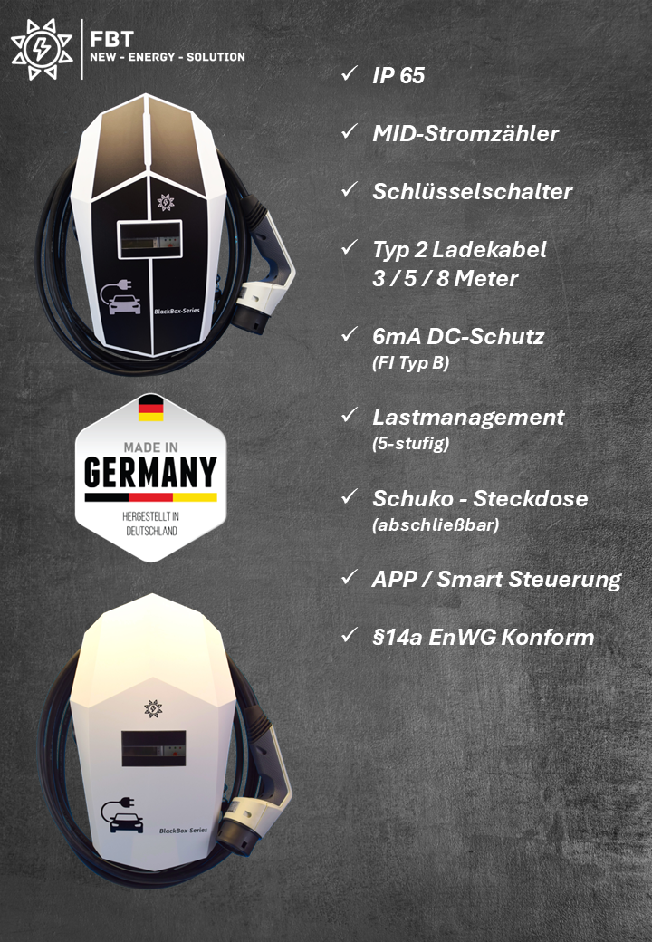 Ladestation / Wallbox 11 KW / BLACKBOX-SINGEL / Typ 2 / Mode 3 / 6mA DC Schutz / Lastmanagement / Schukosteckdose / MID-Geeichter Stromzähler / APP - Smartsteuerung / §14a EnWG Konform