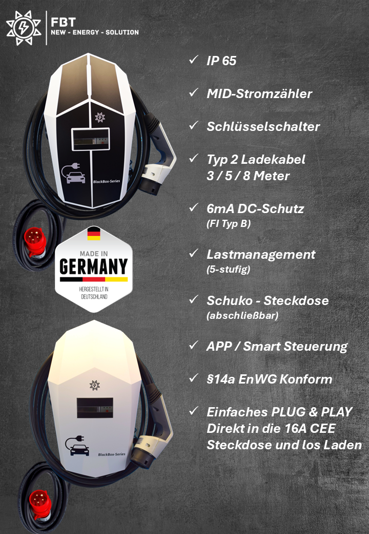 Ladestation / Wallbox 11 KW / BLACKBOX-SINGLE / PLUG & PLAY / Typ 2 / Mode 3 / 6mA DC Schutz / Lastmanagement / Schukosteckdose / MID-Geeichter Stromzähler / APP - Smartsteuerung / §14a EnWG Konform