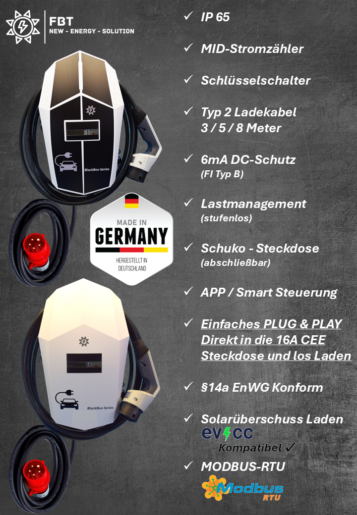 Ladestation / Wallbox 11 KW / BLACKBOX-PRO-PLUG & PLAY / Typ 2 / MODBUS / Solarüberschuss Laden /EVCC-Kompatibel / Lastmanagement / Schukosteckdose / MID-Geeichter Zähler / §14a EnWG Konform