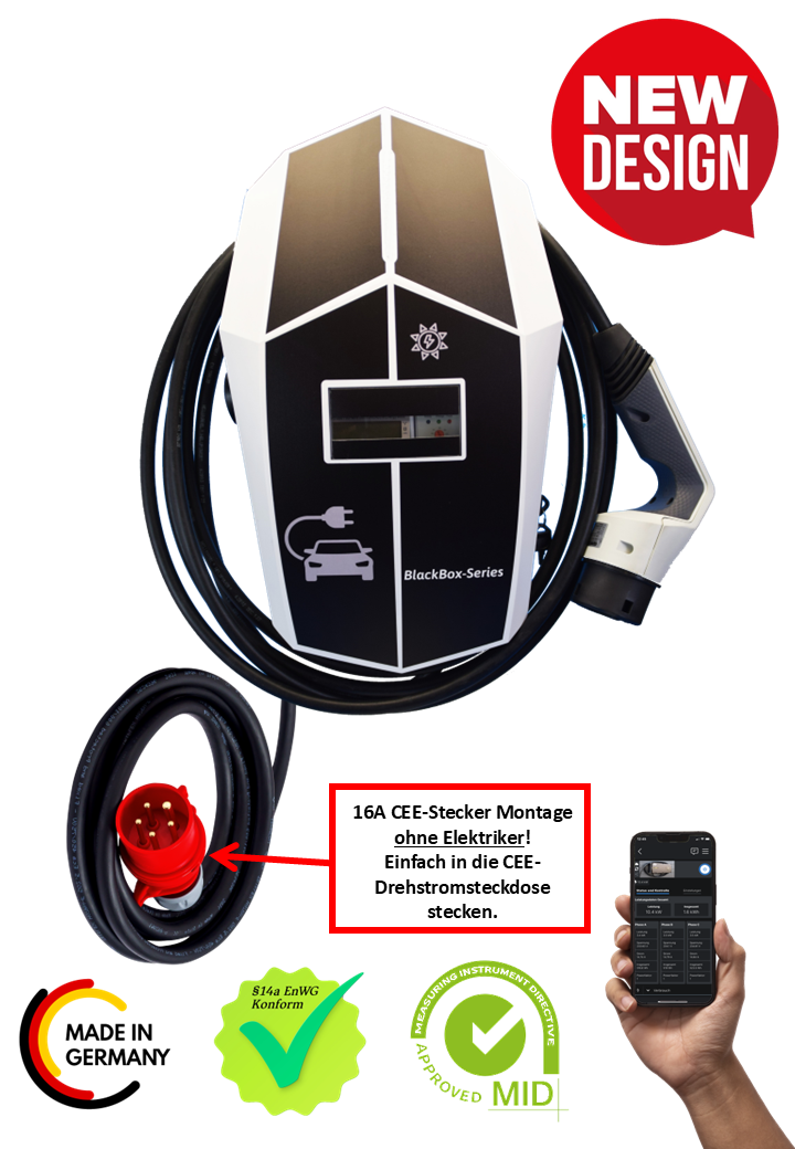 Ladestation / Wallbox 11 KW / BLACKBOX-SINGLE / PLUG & PLAY / Typ 2 / Mode 3 / 6mA DC Schutz / Lastmanagement / Schukosteckdose / MID-Geeichter Stromzähler / APP - Smartsteuerung / §14a EnWG Konform