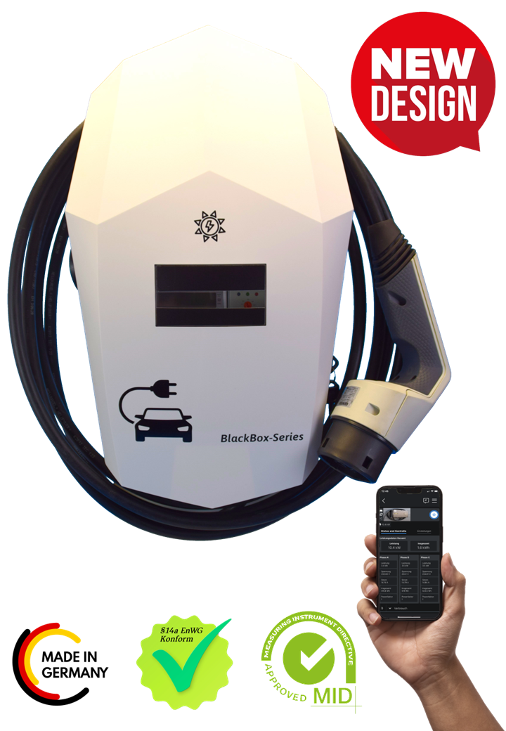 Ladestation / Wallbox 11 KW / BLACKBOX-SINGEL / WHITE-Edition / Typ 2 / Mode 3 / 6mA DC Schutz / Lastmanagement / Schukosteckdose / MID-Geeichter Stromzähler / APP - Smartsteuerung / §14a EnWG Konform