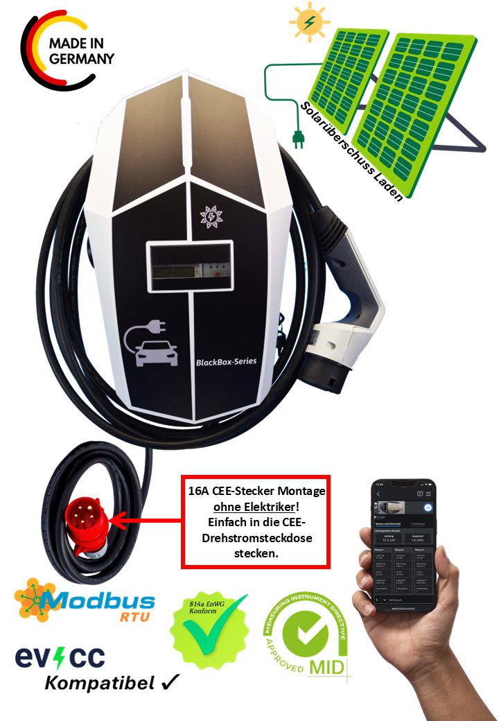 Ladestation / Wallbox 11 KW / BLACKBOX-PRO-PLUG & PLAY / Typ 2 / MODBUS / Solarüberschuss Laden /EVCC-Kompatibel / Lastmanagement / Schukosteckdose / MID-Geeichter Zähler / §14a EnWG Konform