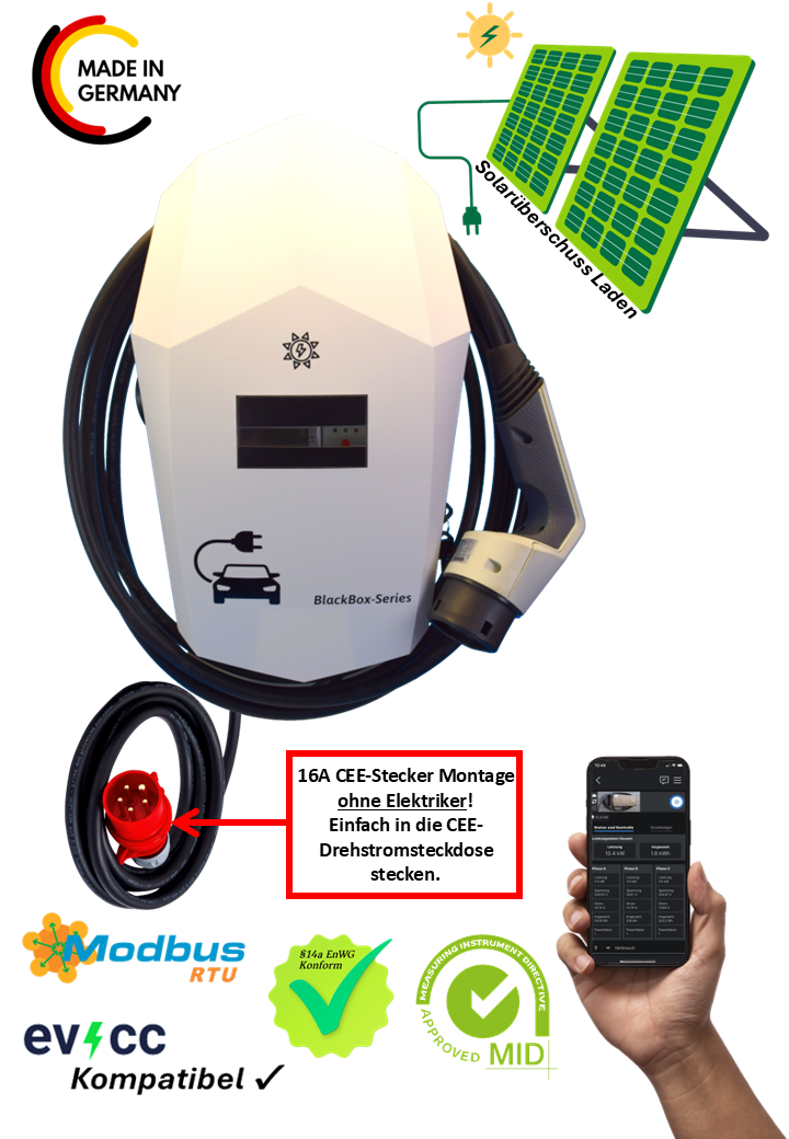 Ladestation / Wallbox 11 KW / BLACKBOX-PRO-PLUG & PLAY / WHITE-EDITION / Typ 2 / MODBUS / Solarüberschuss Laden /EVCC-Kompatibel / Lastmanagement / Schukosteckdose / MID-Geeichter Zähler / §14a EnWG Konform
