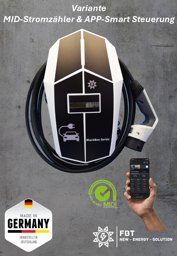 Ladestation / Wallbox 11 KW / BLACKBOX-SINGEL / Typ 2 / Mode 3 / 6mA DC Schutz / Lastmanagement / Schukosteckdose / MID-Geeichter Stromzähler / APP - Smartsteuerung / §14a EnWG Konform