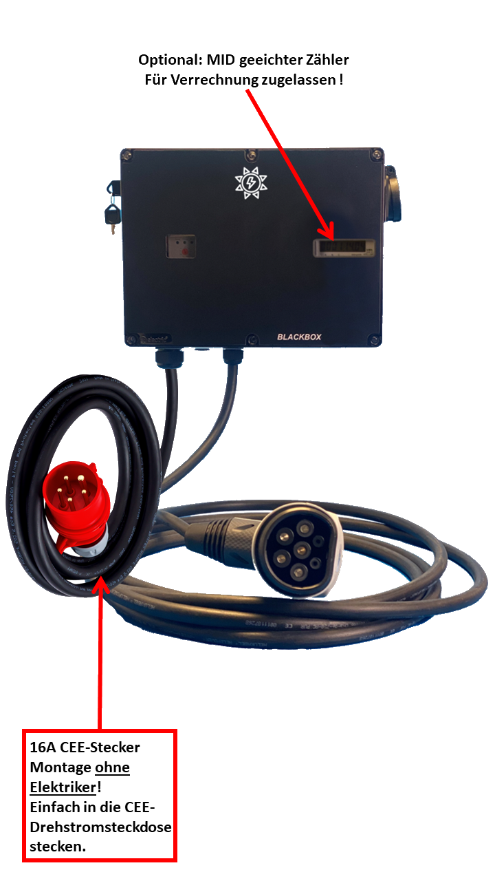 Charging station / Wallbox 11 KW / BLACKBOX-SINGLE / PLUG &amp; PLAY / Type 2 / Mode 3 / 6mA DC protection / Load management / Schuko socket / Optional MID-calibrated meter