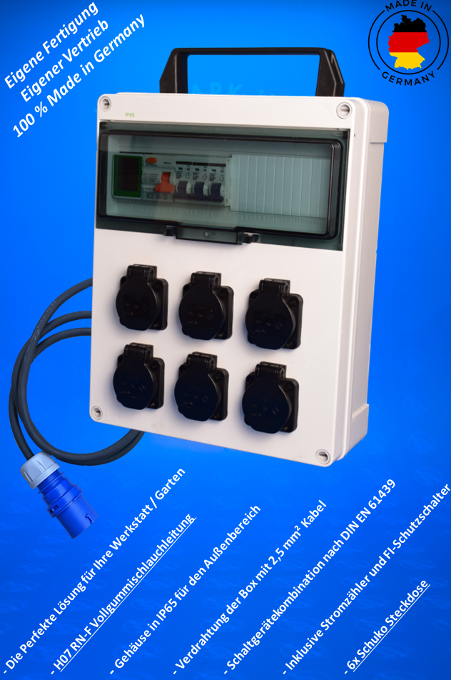 Stromverteiler / Baustromverteiler 230V Schuko inkl. Zähler und FI-Schutzschalter / PLUG & PLAY
