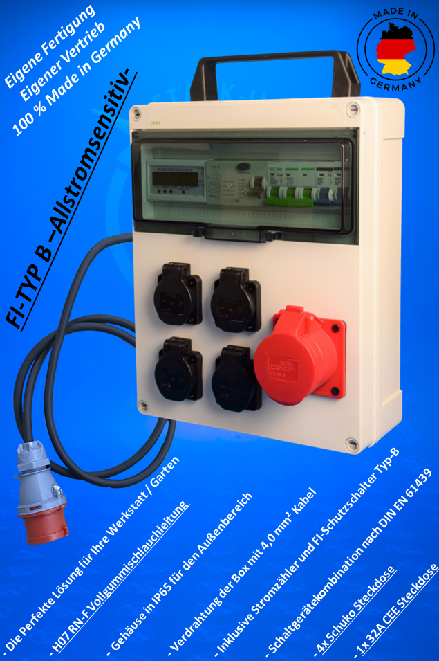 Stromverteiler / Baustromverteiler / Typ B -Allstromsensitiv- / 1x 32A CEE / 4x Schukosteckdose / inkl. Zähler und FI-Schutzschalter Typ B / PLUG & PLAY