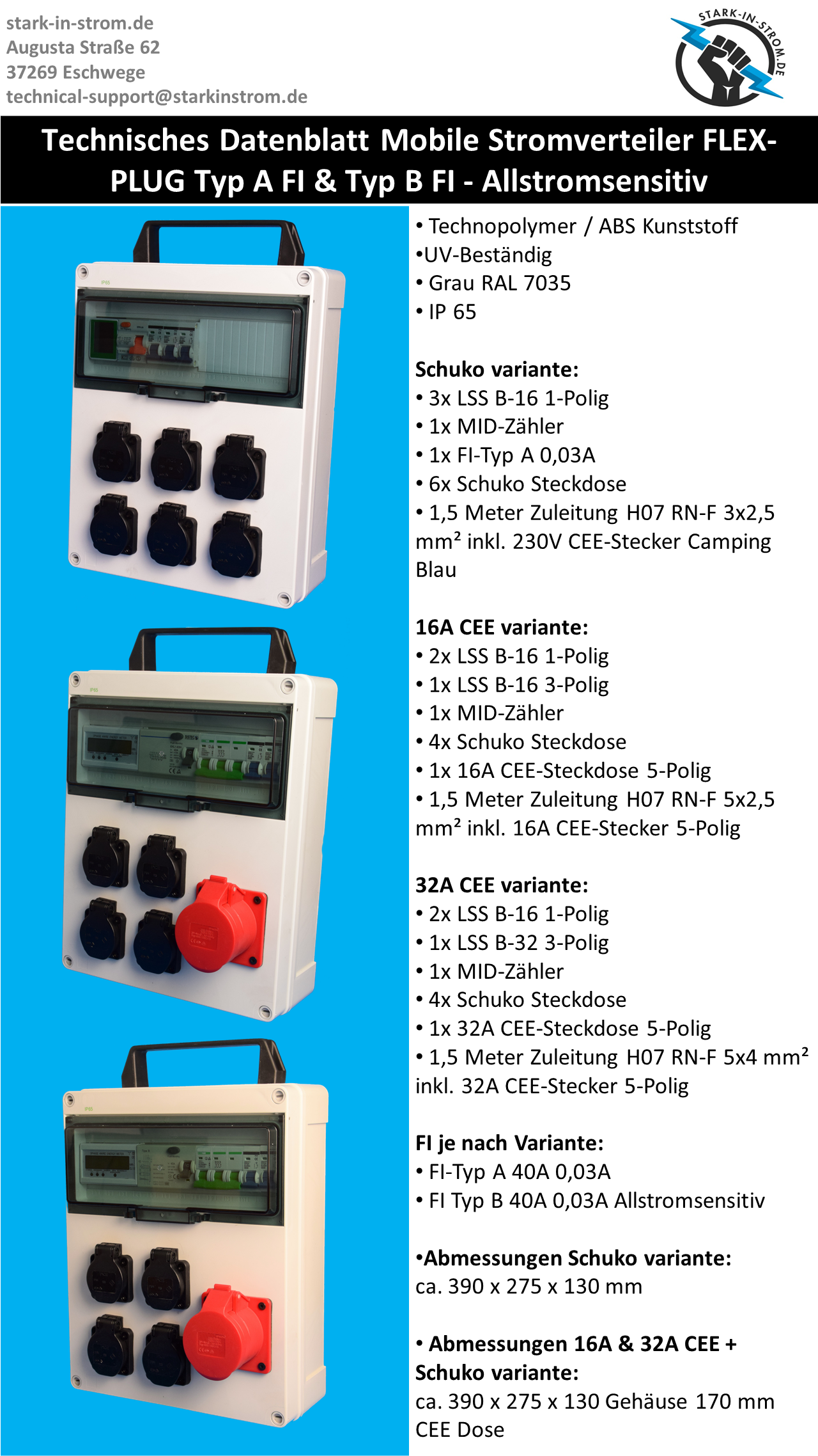 Stromverteiler / Baustromverteiler / Typ B -Allstromsensitiv- / 1x 16A CEE / 4x Schukosteckdose / inkl. Zähler und FI-Schutzschalter Typ B / PLUG & PLAY